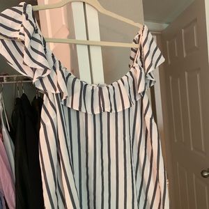 Gray white striped off the shoulder top